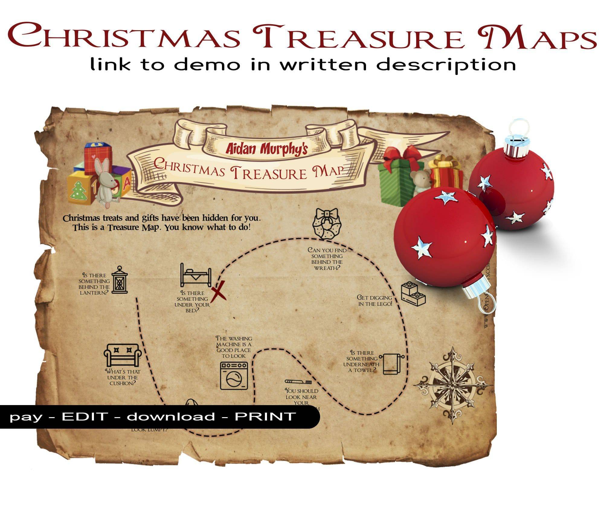 Christmas Treasure Hunt Map - Customisable - Indoor and Outdoor – Open Chests